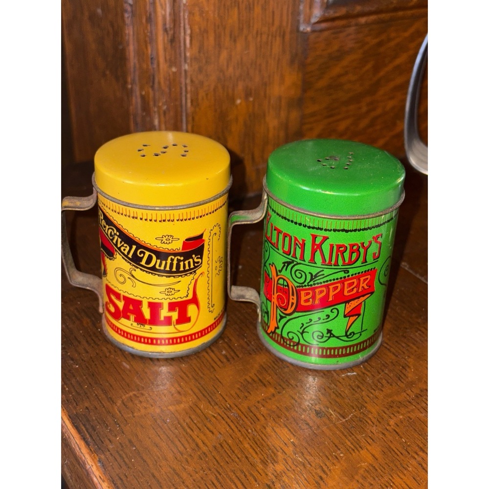 Vintage Tin Can Percival Duffin's Elton Kirby's Salt & Pepper Shaker Set Handles